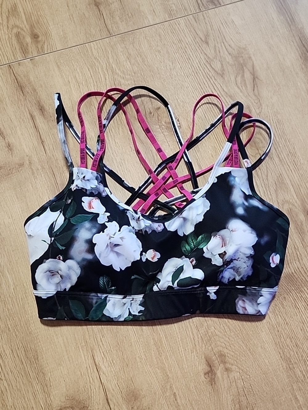 Victoria's Secret Black Floral Crisscross Sports Bra with Pink Straps